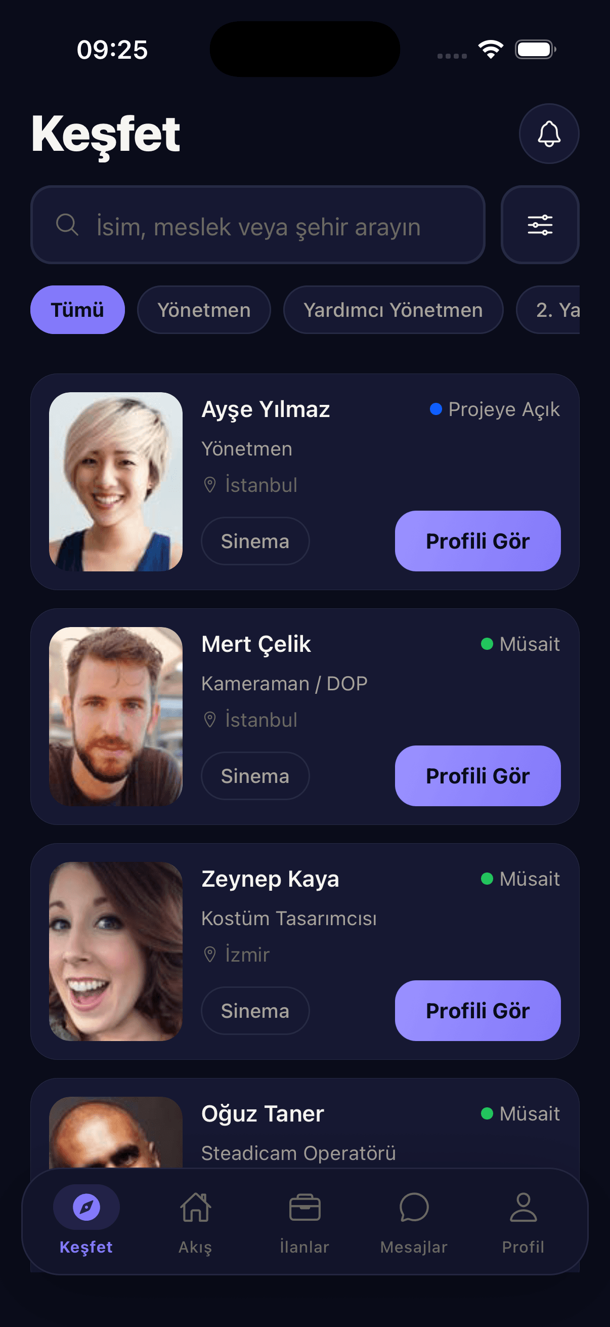 OnSet Keşfet ekranı — isim, meslek veya şehre göre ara