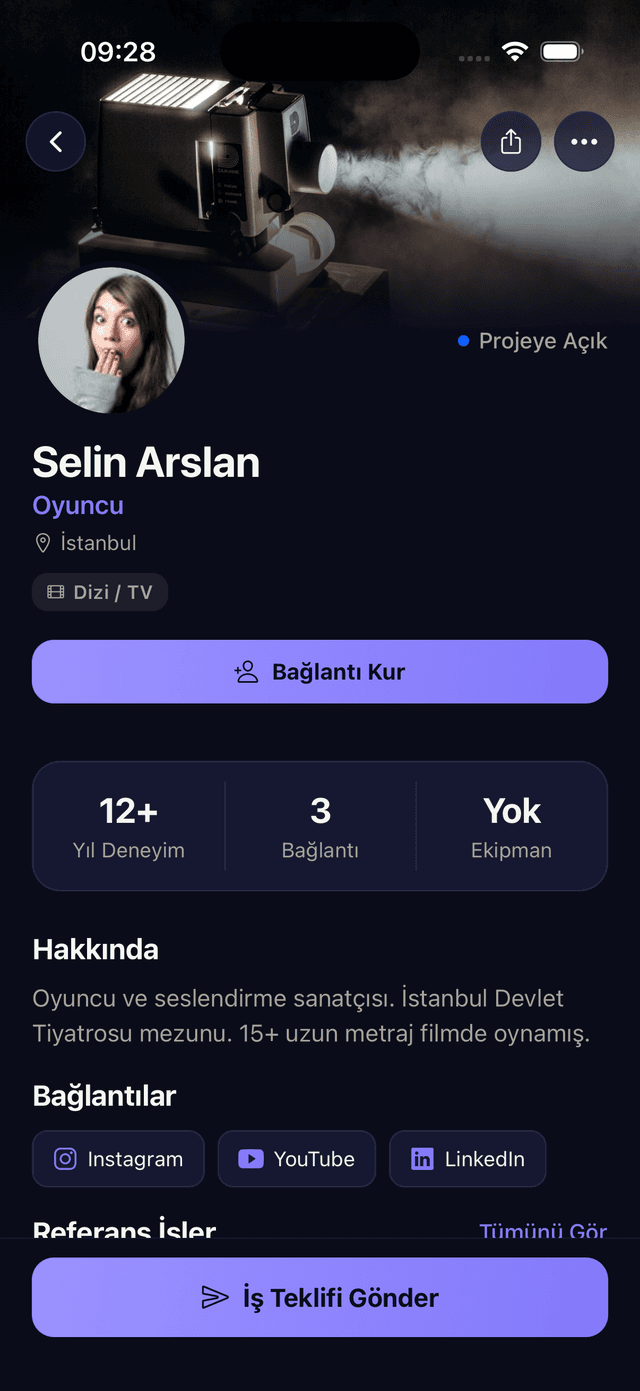 OnSet uygulamasında portföy ve showreel profil ekranı